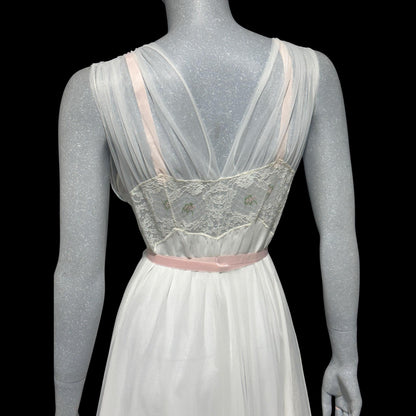 LAROS, Vintage 1940s nightgown slip dress, white double chiffon with pink embroidered flowers, wedding night dress