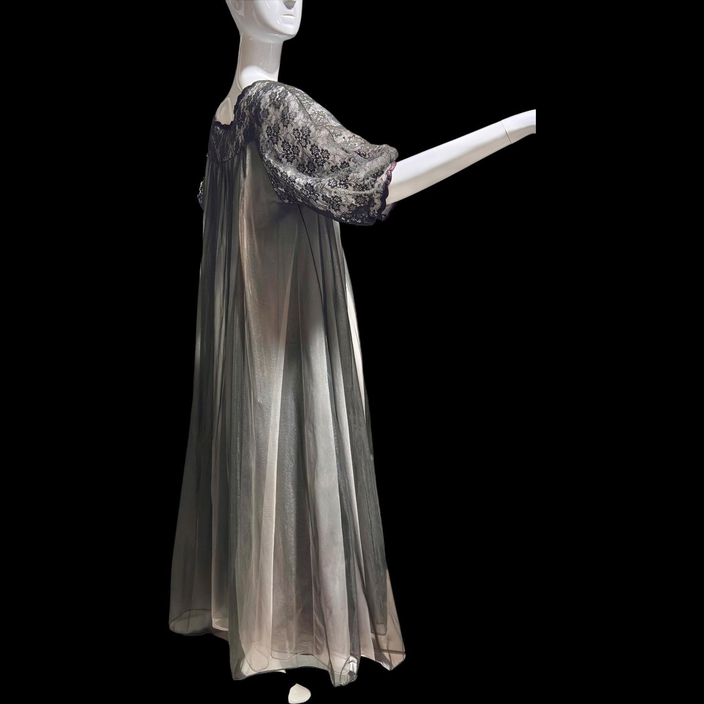 Warner's vintage 1960s peignoir set, frothy sheer black and pink chiffon nightgown robe set