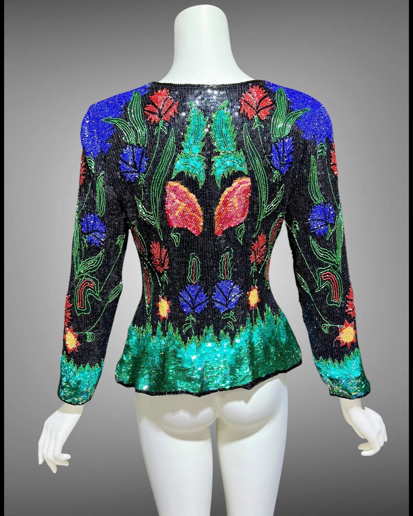 1980s vintage Evening jacket, vibrant jewel tone sequins princess cut elegant cocktail party jacket blouse top