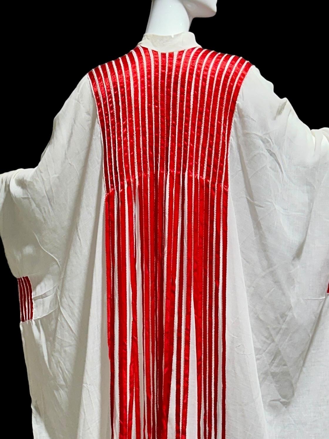 1970s Vintage white gauze caftan dress, Sheer breezy fabric with streaming red ribbons