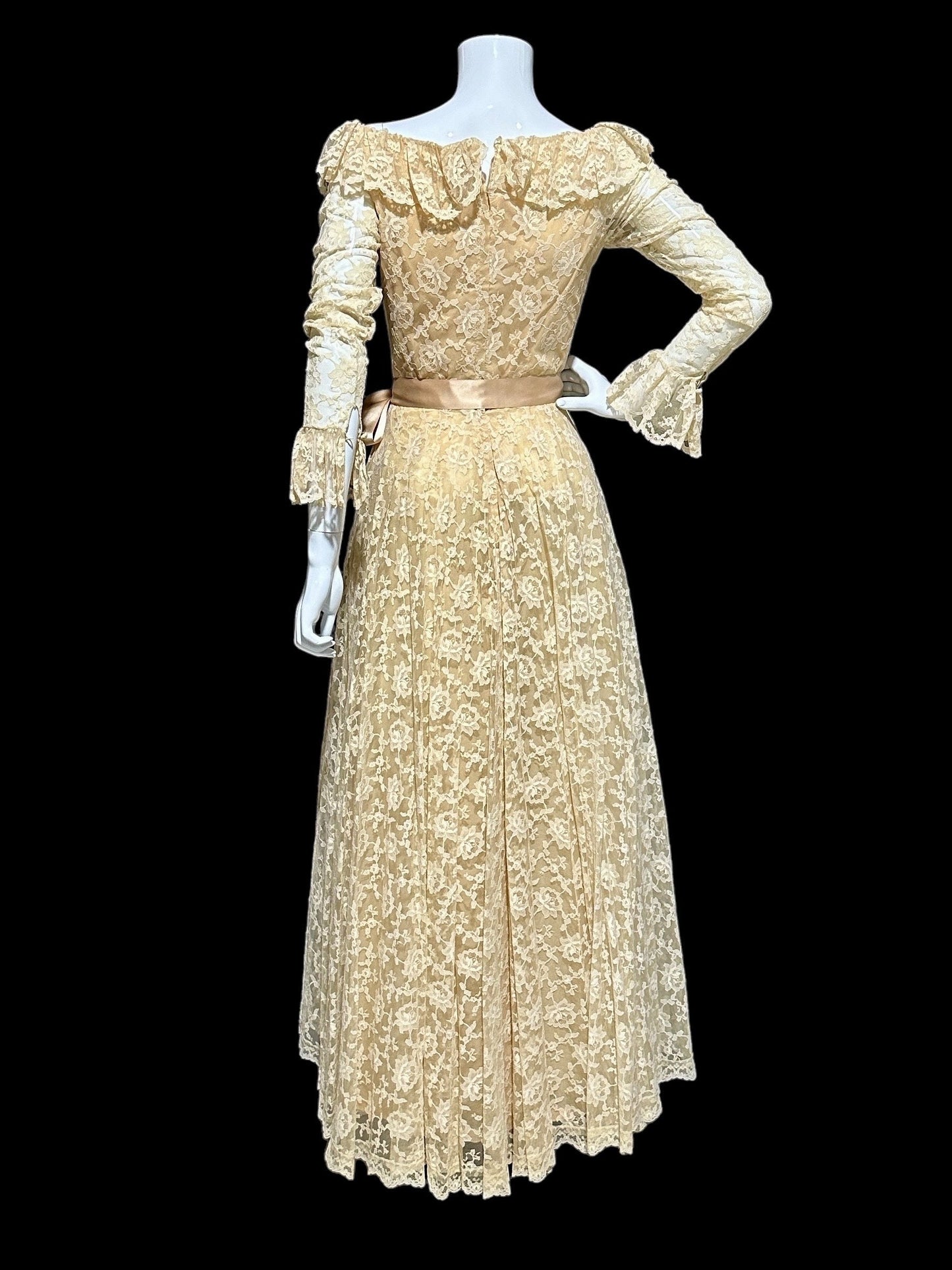 LES WILK 1970s vintage evening dress, lace beige ruffle deep V neckline full sweep wedding dress