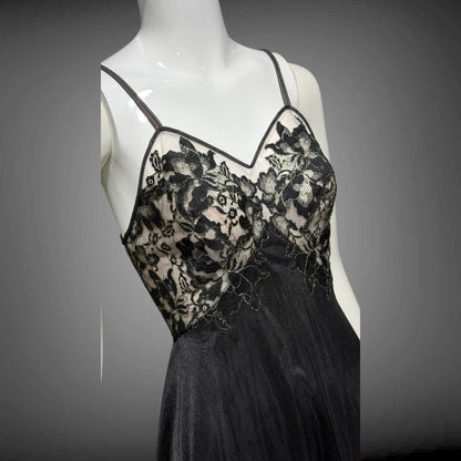 VANITY FAIR Vintage 1950s nightgown slip dress, Black Nylon Metallic Lace Lingerie dress