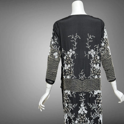 HOUSE OF ADAIR, vintage 1920s party dress, black and white shift beaded flapper dress, heavy beading
