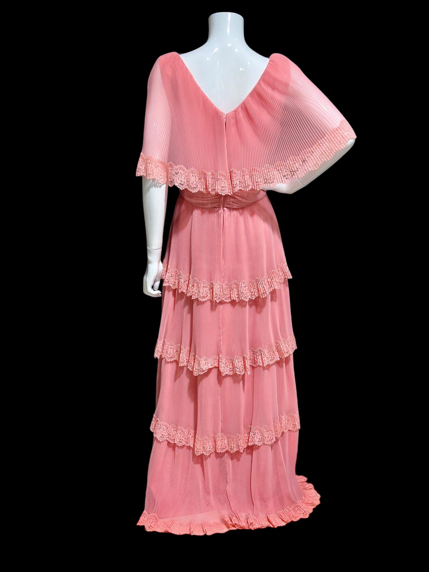 MISS ELLIETTE vintage 1970s pleated chiffon evening gown, Old Rose Pink tiered skirt maxi dress with ruffled collar