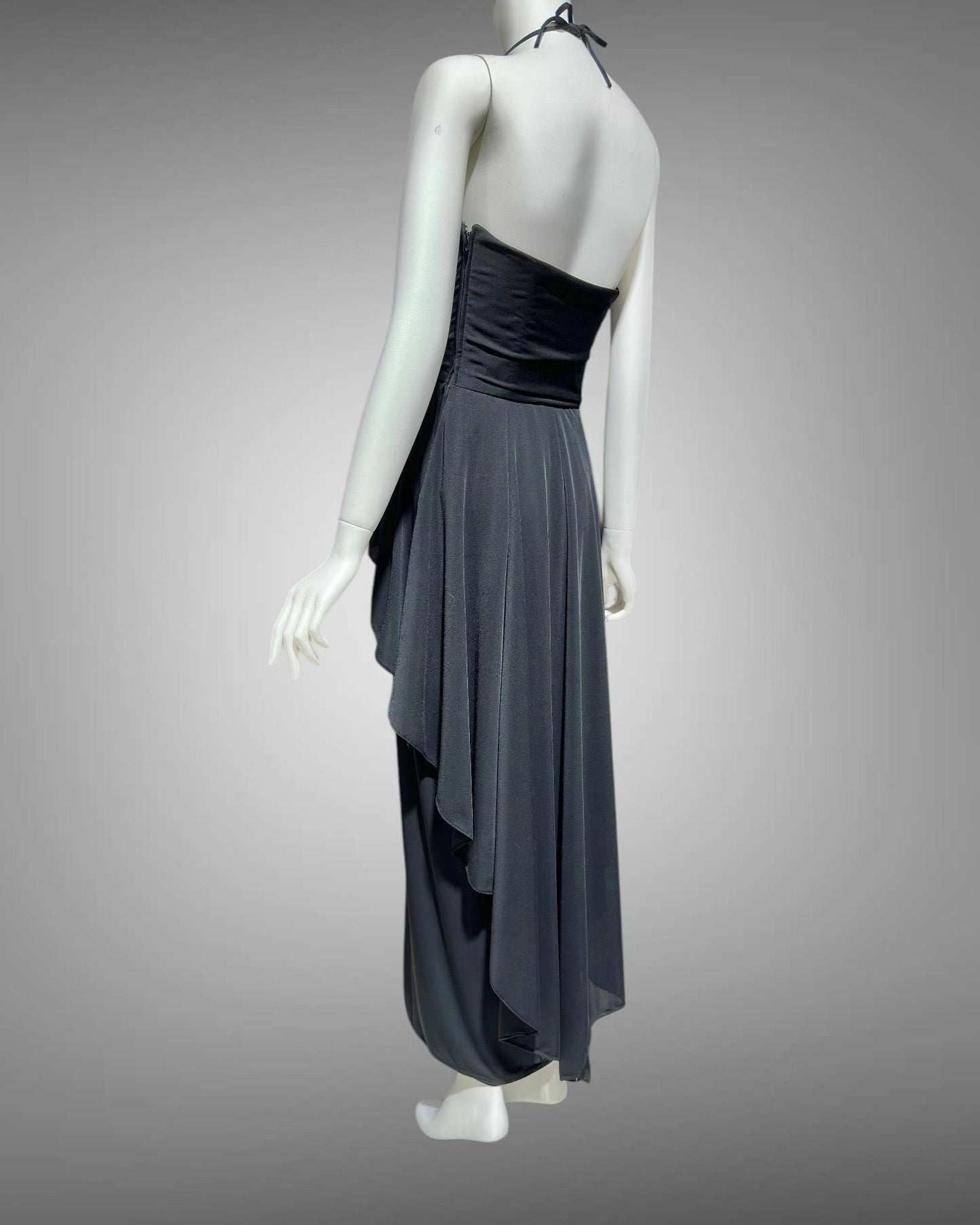 FRANK USHER 1970s vintage Black disco halter Dress, Bustier bodice and Long Peplum skirt