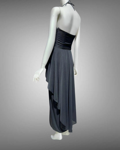 FRANK USHER 1970s vintage Black disco halter evening Dress, Bustier bodice and Long Peplum skirt