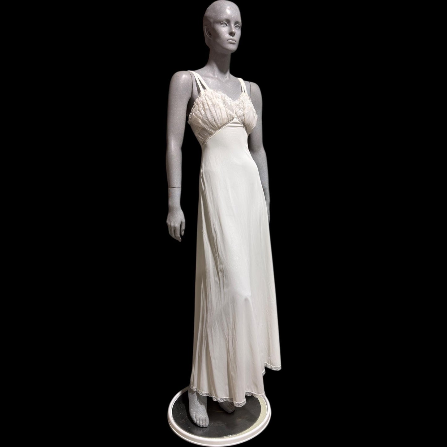 YOLANDE vintage Nightgown slip dress, 1940s white full length ruffled nylon lingerie dress