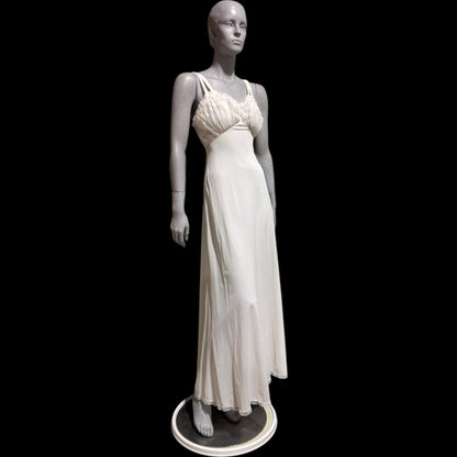 YOLANDE vintage Nightgown slip dress, 1940s white full length ruffled nylon lingerie dress