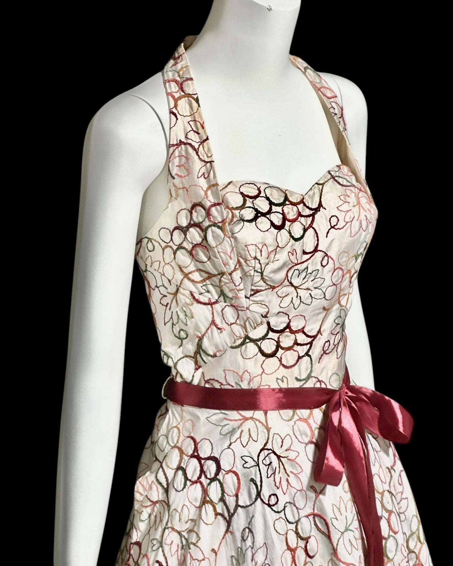 ALIX OF MIAMI, vintage 1950s Halter Sundress, cotton pinup dress with embroidery