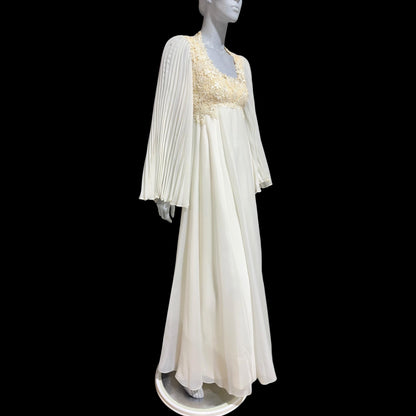 1970s vintage Wedding dress gown, White pleated bell sleeve gown, Hippie Bohemian dress