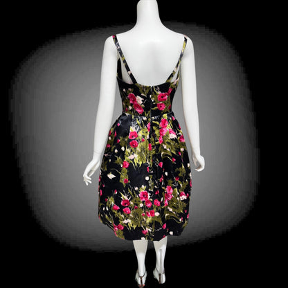 I. MAGNIN vintage 1950s evening dress, black floral cocktail party dress, Black with magenta poppies