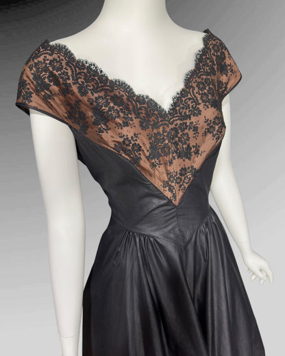 DOROTHY O'HARA, vintage 1950s dress, Black polished cotton and lace fit and flare cocktail party evening dress