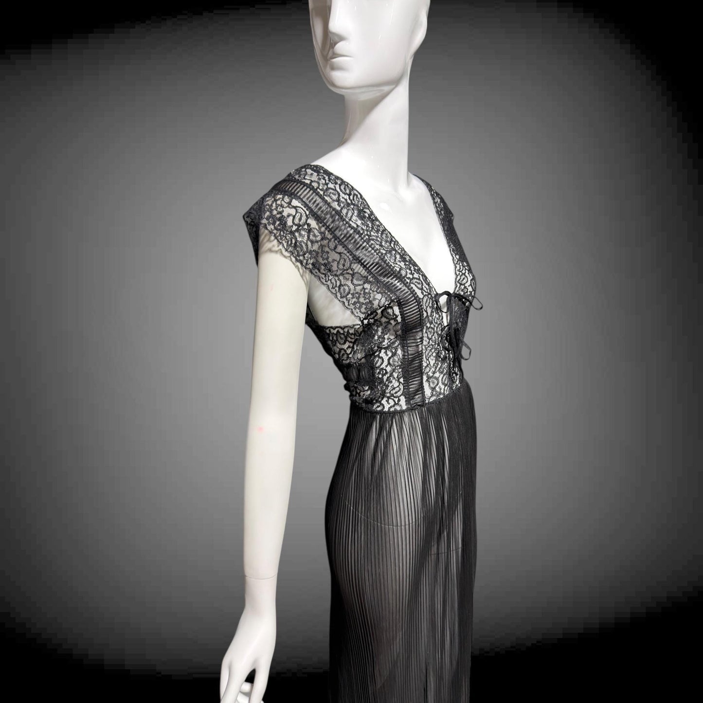 MYRA JOY Vintage 1950s Nightgown Lingerie Dress: Sheer Black Nylon Lace Slip Dress