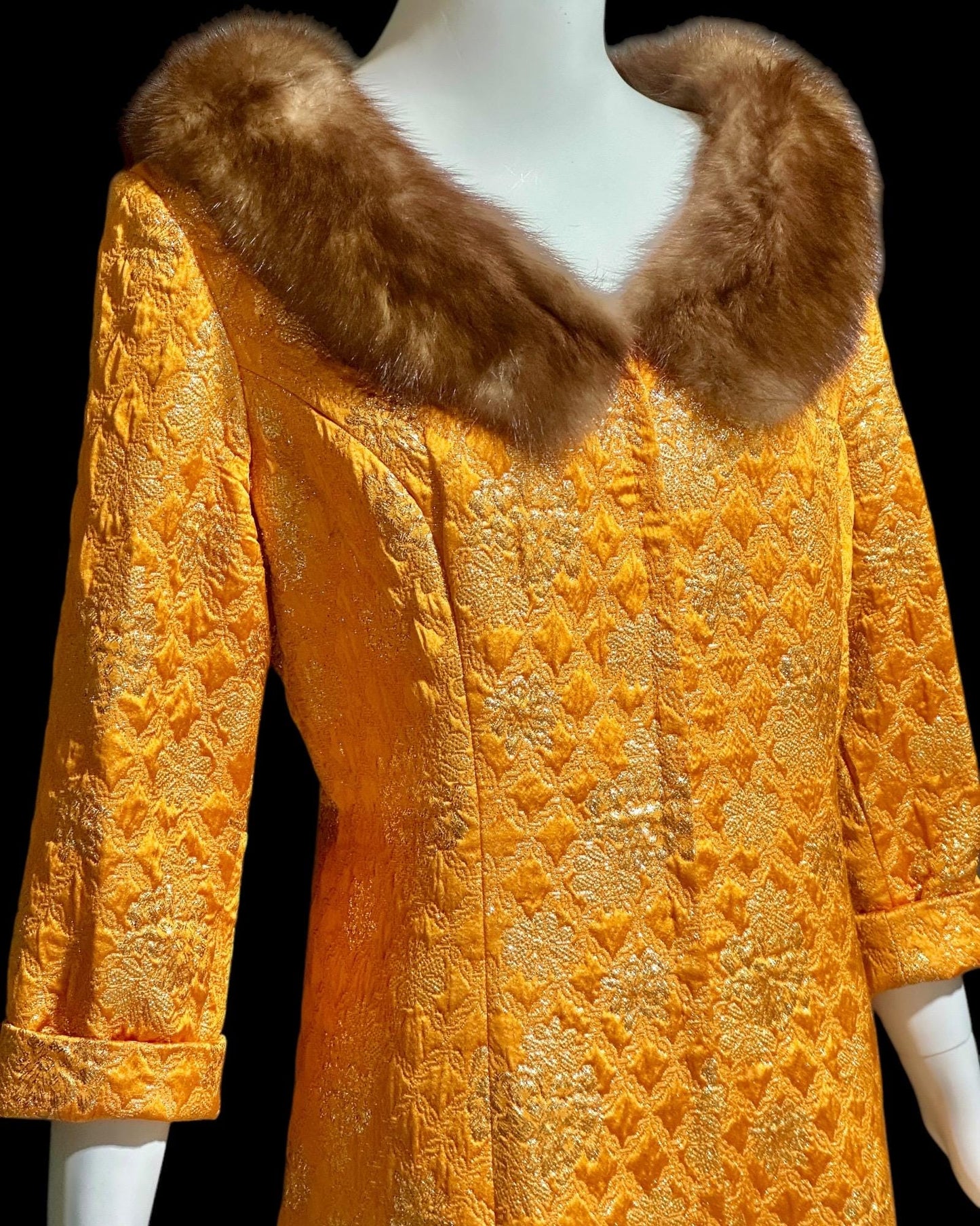 MALOUF PERFECT NEGLIGEE, vintage 1950s orange gold metallic brocade shift dressing gown robe, front zip mink fur trim