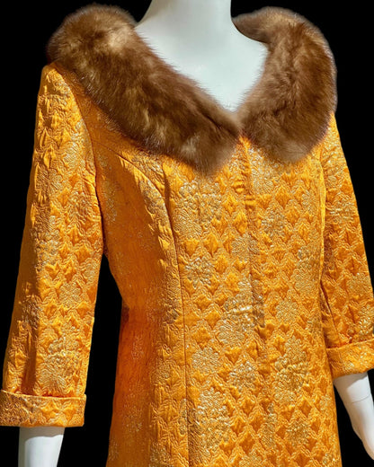 MALOUF PERFECT NEGLIGEE, vintage 1950s orange gold metallic brocade shift dressing gown robe, front zip mink fur trim