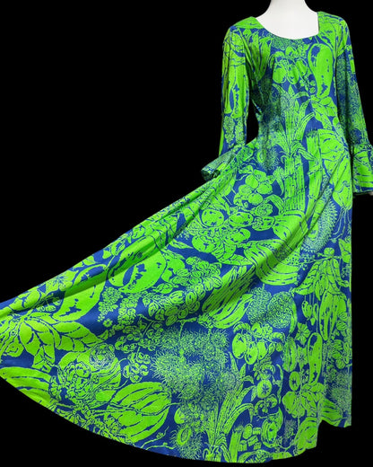 DESIGN THAI BANGKOK, vintage 1960s maxi party dress, Kelly Green and blue floral cotton dress
