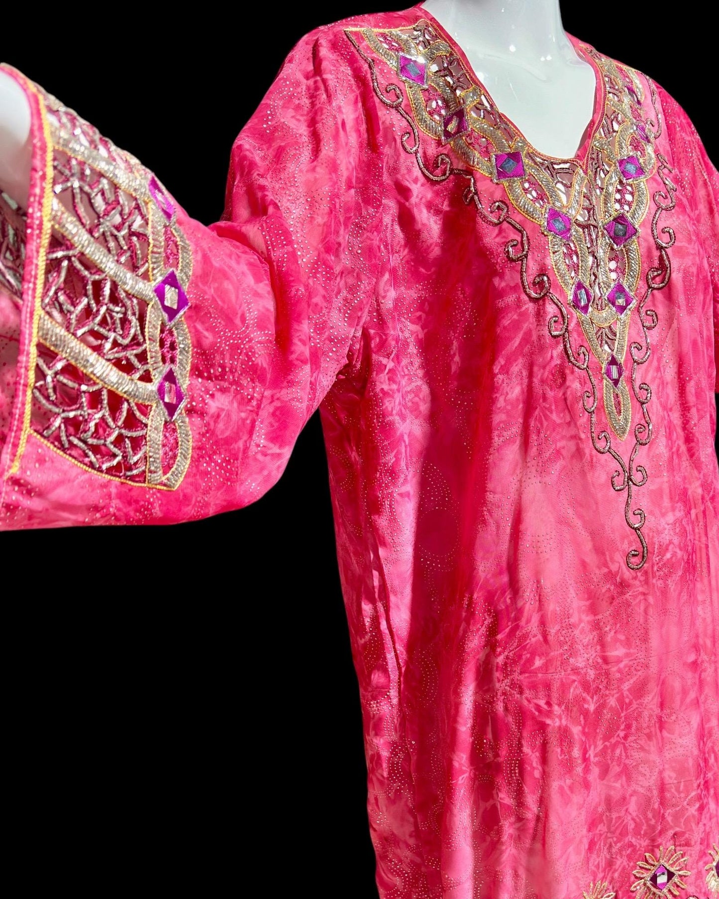 I MAGNIN 1980s vintage caftan dress, embroidery, beads, mirrors & cut work, sheer pink evening kaftan gown with Fringe