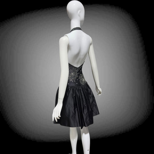 1970s Halter Party Mini Dress: Vintage black bubble skirt with rhinestone studs