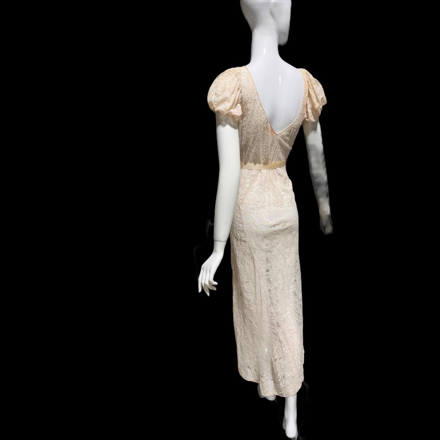 FRANKLIN SIMON vintage 1930s evening dress, totally sheer blush lace, bias cut see through feather weight sheath gown