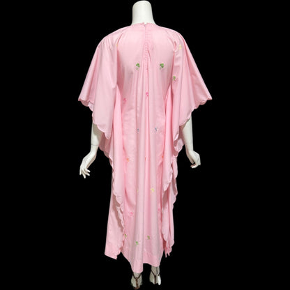 1970s vintage caftan dress, baby pink cotton, embroidered field of flowers, floral and cutwork Kaftan