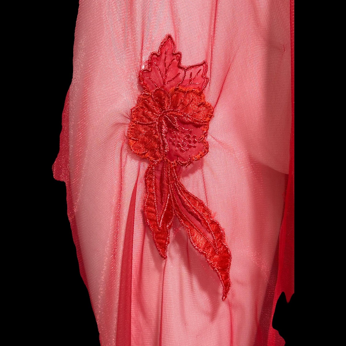 TRIANGLE vintage 1970s dressing gown, sheer bold red chiffon housecoat with feather trim,  peignoir house coat