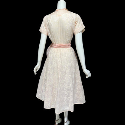 SAKS FIFTH AVENUE vintage 1950s dressing gown house dress, pink flocked floral wrap dress