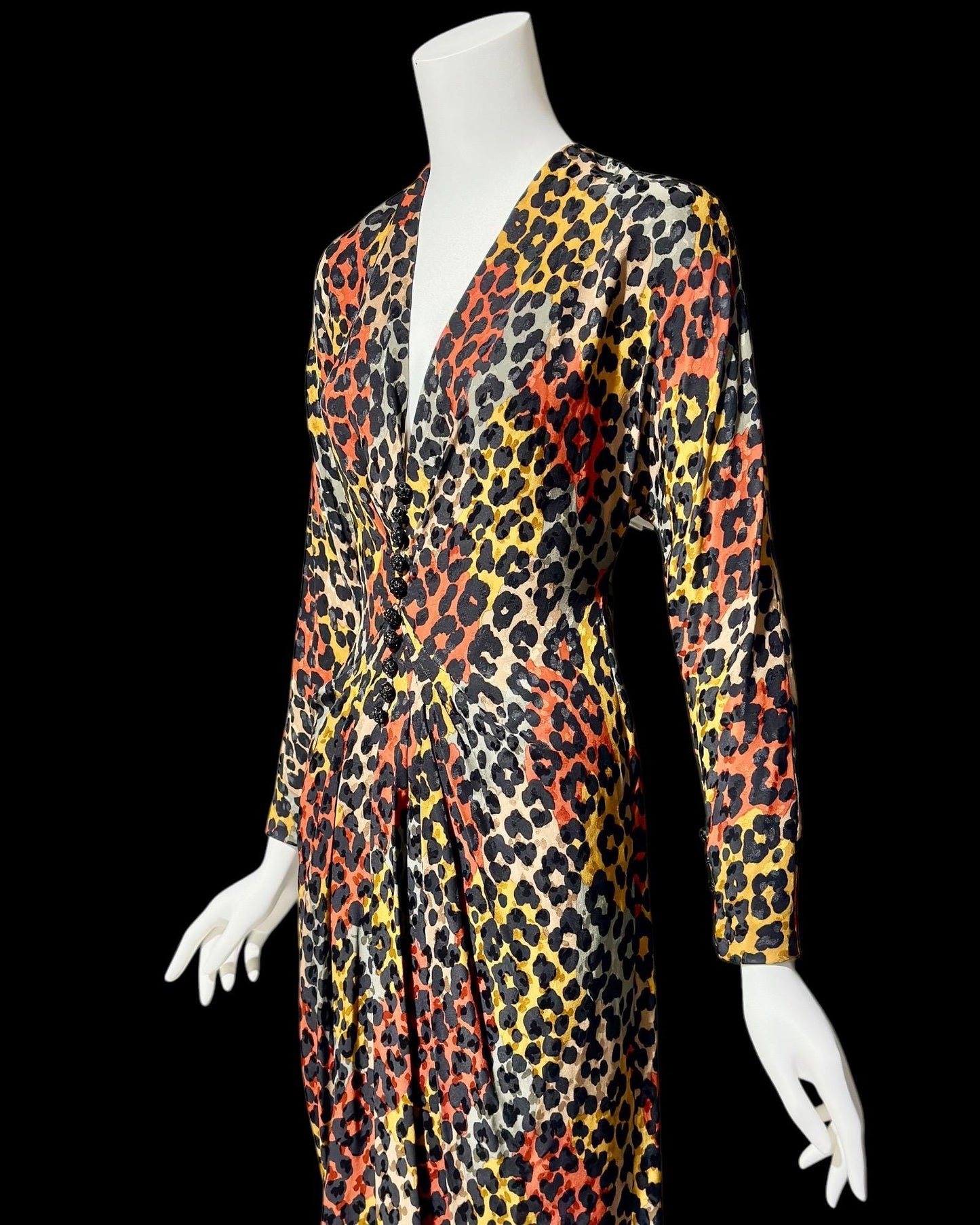 ADOLFO vintage 1980s silk dress, SAKS Fifth Ave, Animal print Office evening party dress, deep V long sleeve