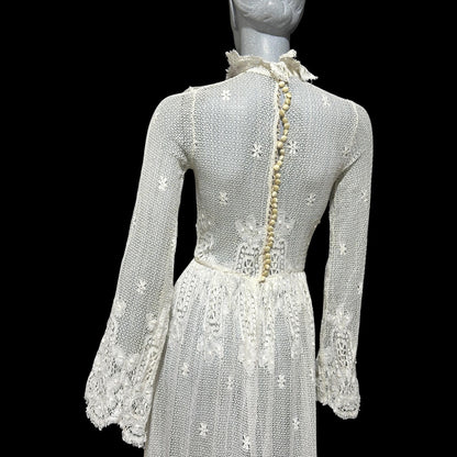 1970s vintage crochet maxi dress, white cotton open knit bridal wedding dress, Victorian style gown
