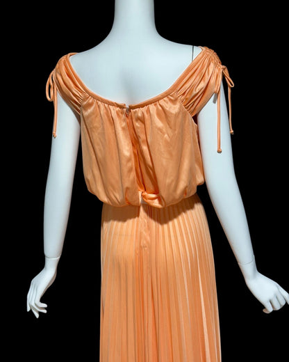 1970s vintage evening dress, peach blouson pleated jersey knit goddess gown
