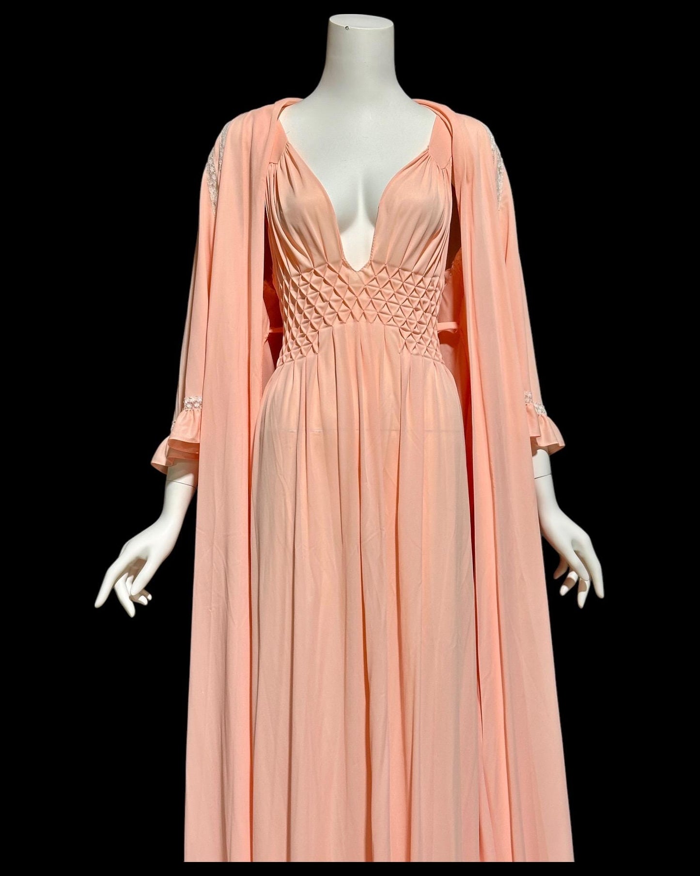 BLANCH by Ralph Montenero, Lord & Taylor, 1960s vintage peachy pink nightgown slip dress and dressing gown,   peignoir set