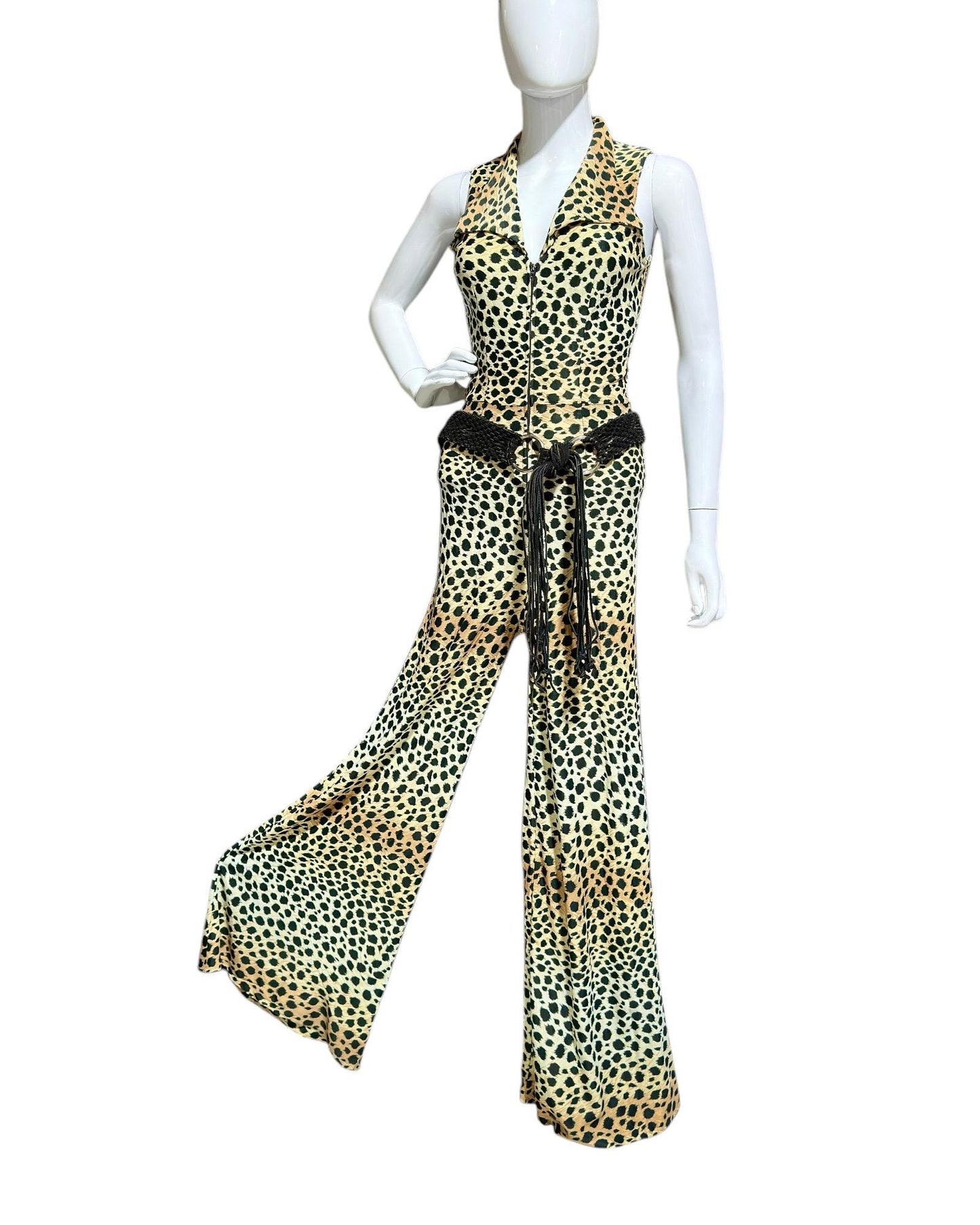 1970s vintage jumpsuit, Animal print BOND GIRL, bell bottom wide leg zip up jump suit