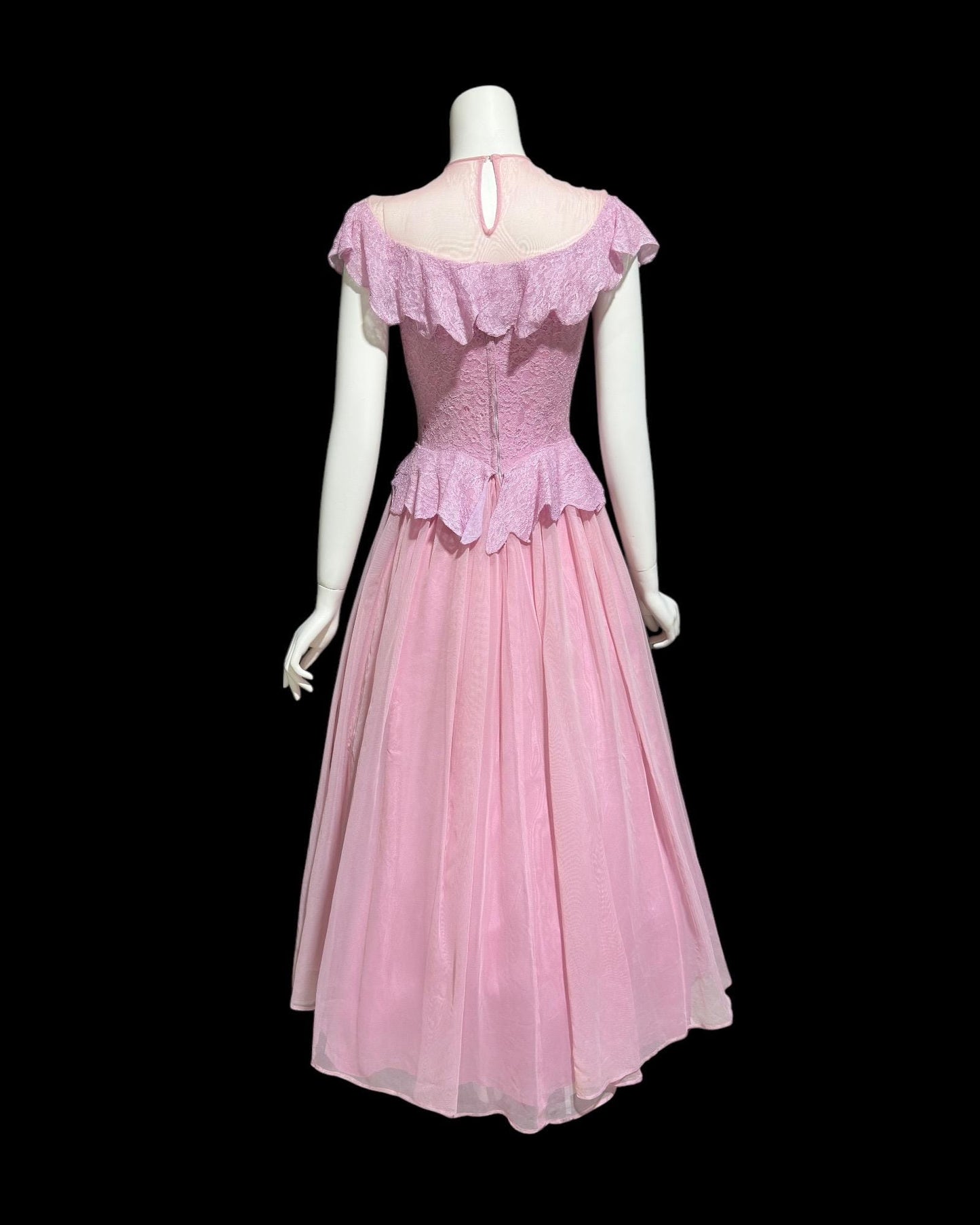 1940s vintage evening gown dress, Orchid purple mesh cupcake prom dress, illusion top with ruffle, peplum circle skirt