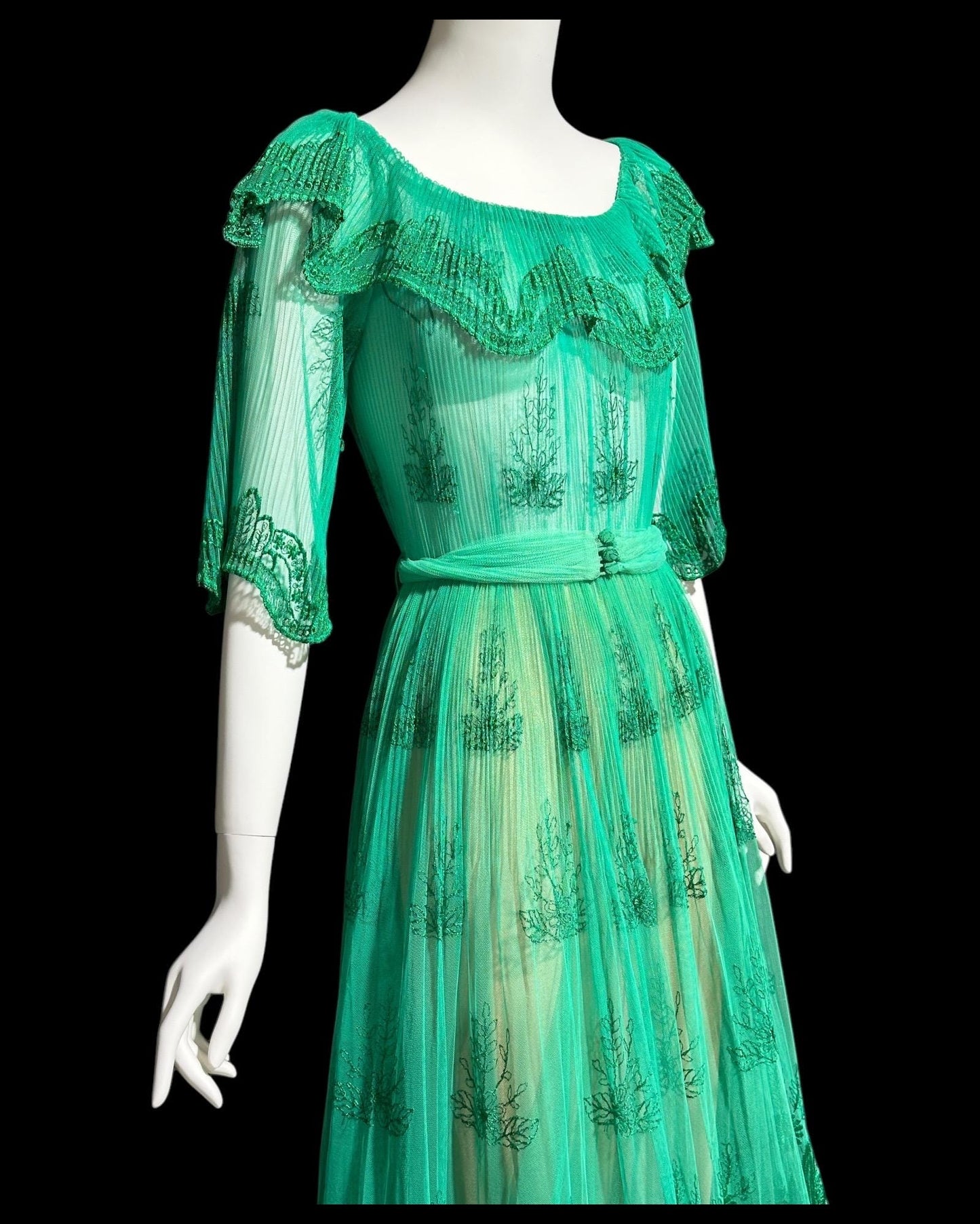 FRANK USHER vintage 1970s green embroidered net gown, ruffle neckline, full sweep party dress