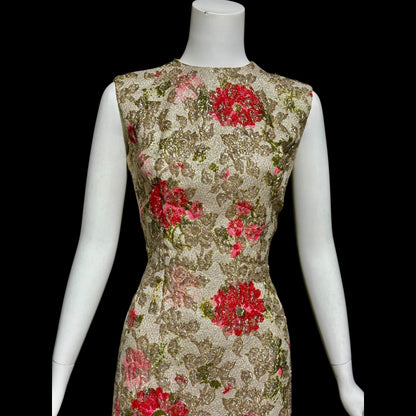 SANDRA SAGE, Vintage 1960s cocktail wiggle dress, red flowers and gold metallic mod dress