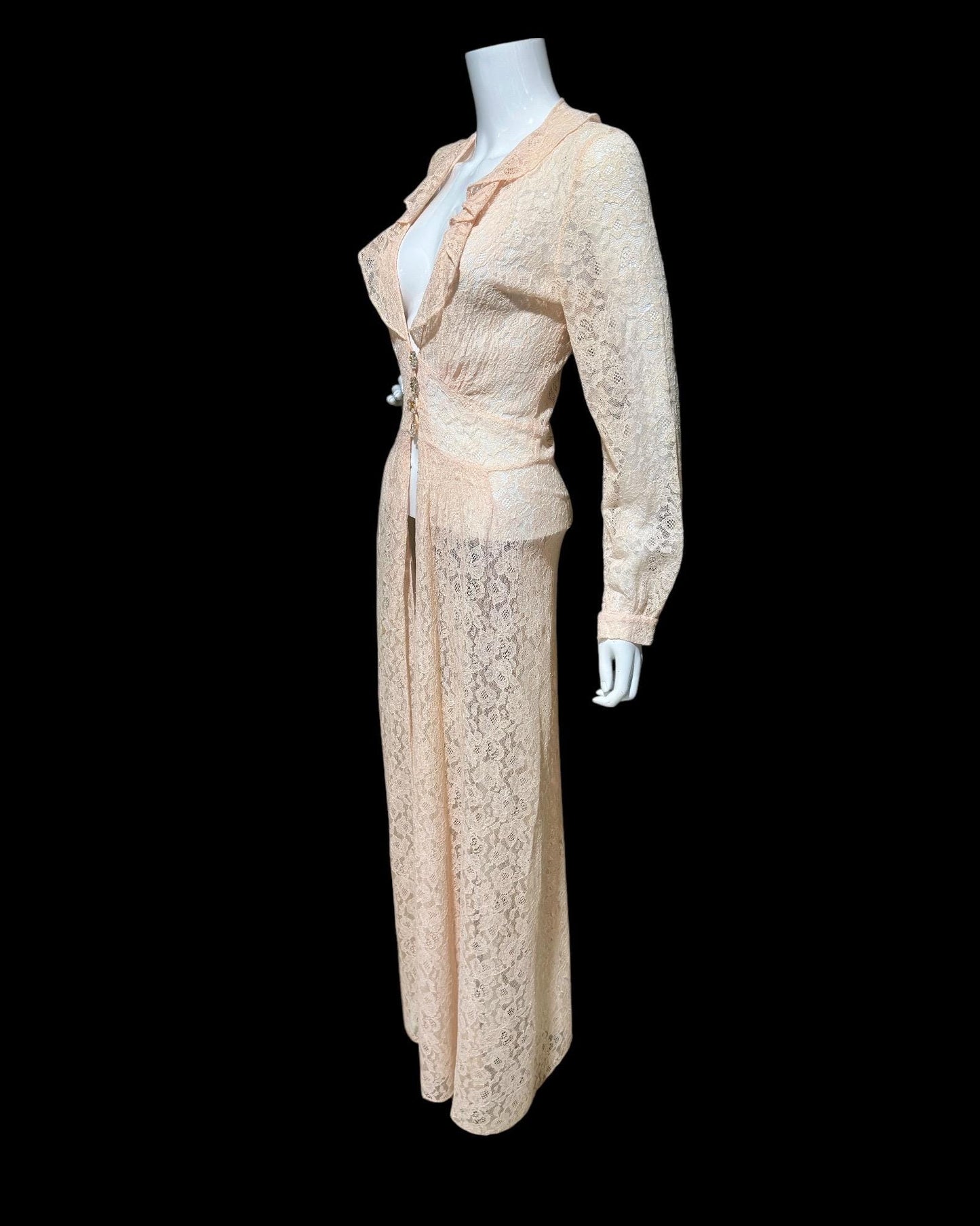 FLOBERT vintage 1940s sheer pink lace dressing gown robe, lace button front peignoir housecoat