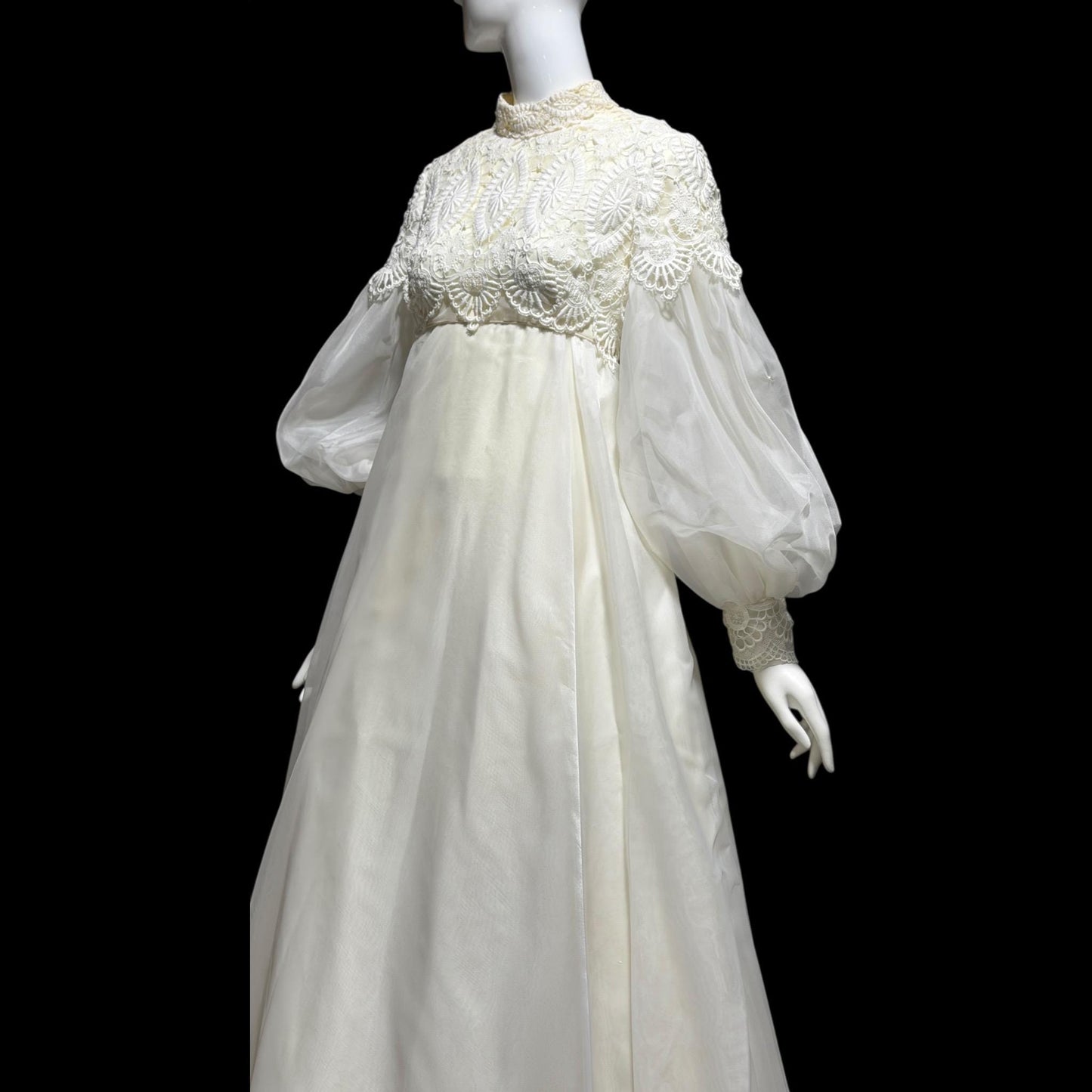 EMMA DOMB vintage wedding dress gown, 1960s white Queen Anne High Neck Juliet Puffed Sleeve Romantic Bride