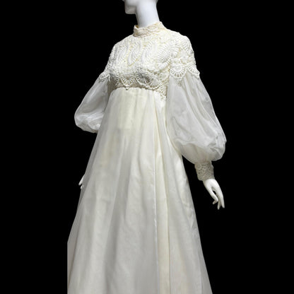 EMMA DOMB vintage wedding dress gown, 1960s white Queen Anne High Neck Juliet Puffed Sleeve Romantic Bride