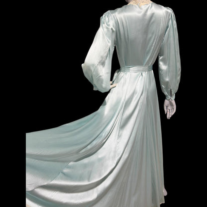 JANET REGER vintage 1970s dressing gown robe, Pure Silk ice blue 70s does 40s old hollywood button front night dress