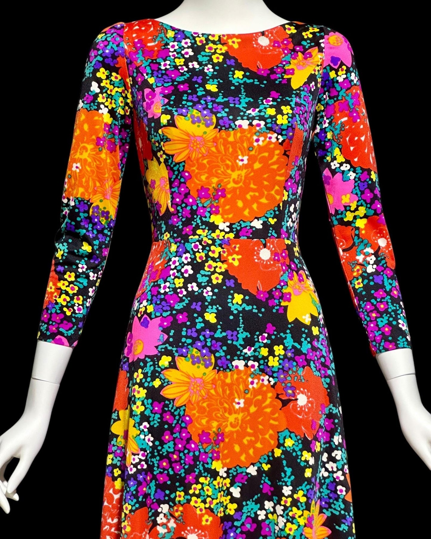 MARVELLA SCREEN PRINT, vintage 1960s neon floral maxi dress, Bold floral psychedelic dress with long sleeves