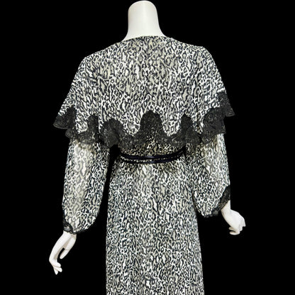 LUCIE ANN vintage 1970s nightgown robe peignoir set, black and white sheer animal print negligee slip dress set
