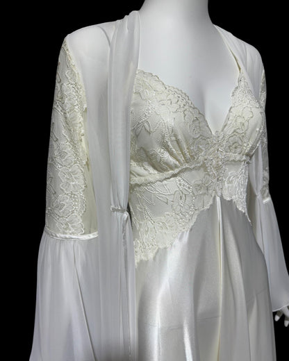 JONQUIL Diane Samandi, vintage 1980s nightgown robe set, White bridal peignoir dressing gown and slip dress