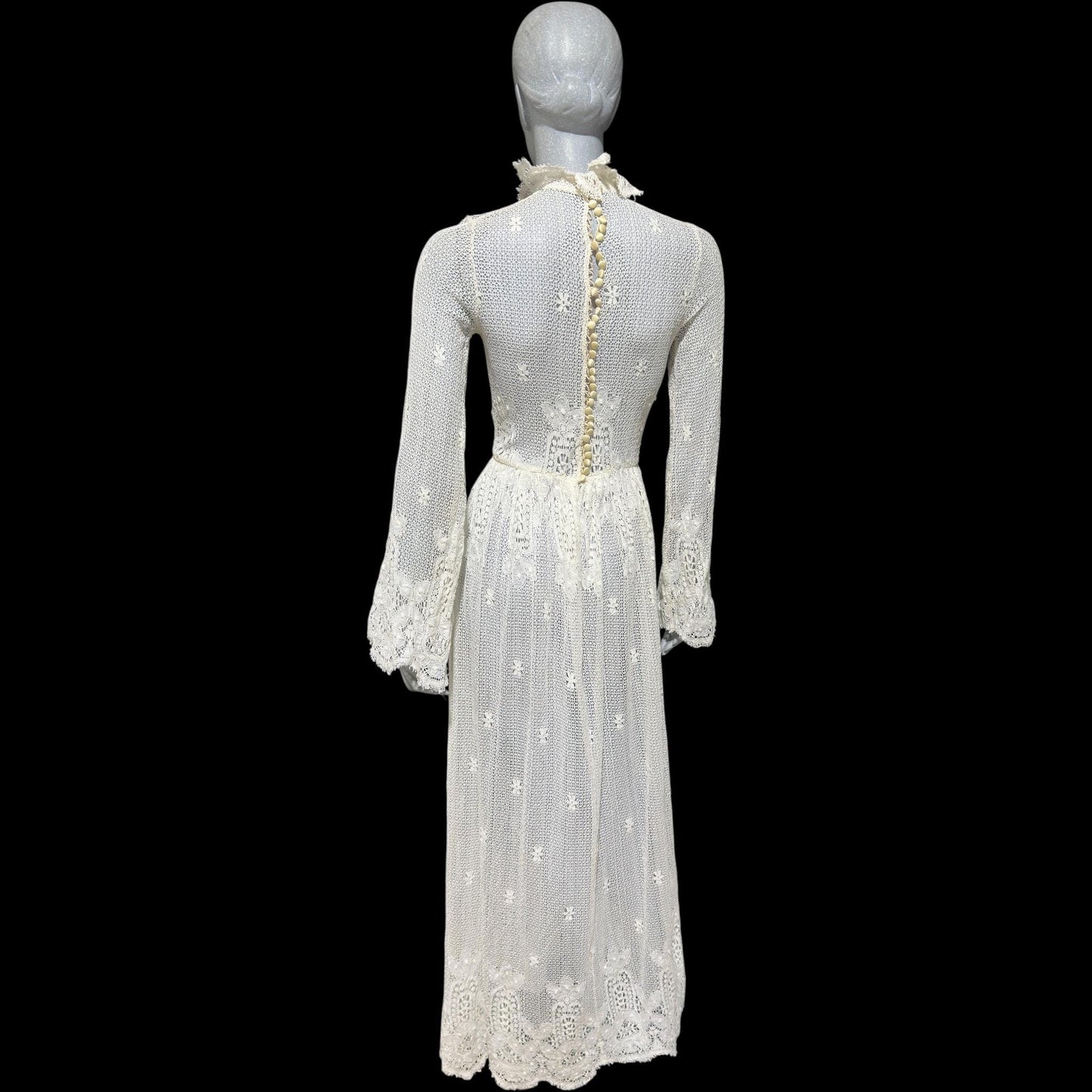 1970s vintage crochet maxi dress, white cotton open knit bridal wedding dress, Victorian style gown