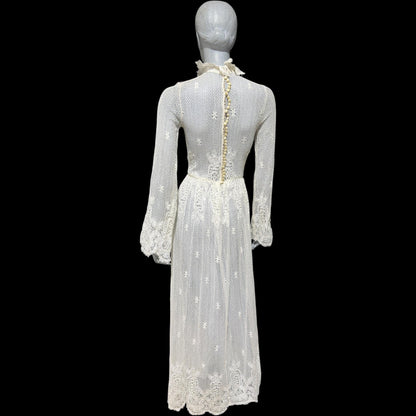 1970s vintage crochet maxi dress, white cotton open knit bridal wedding dress, Victorian style gown