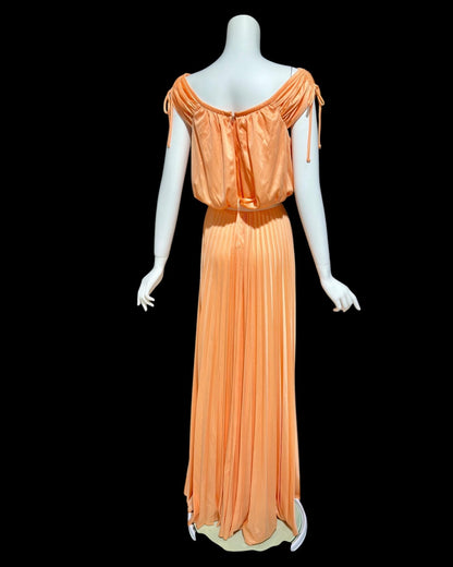 1970s vintage evening dress, peach blouson pleated jersey knit goddess gown