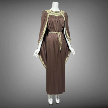 1970s vintage caftan dress, brown and gold metallic kaftan with attached cape
