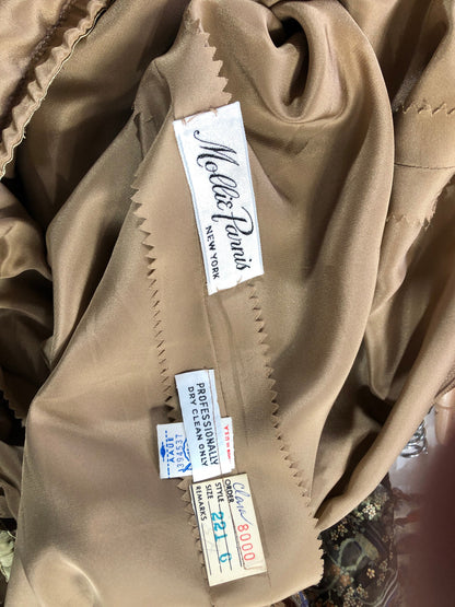 MOLLIE PARNIS, vintage 1970s evening dress, brown silk blouson formal gown