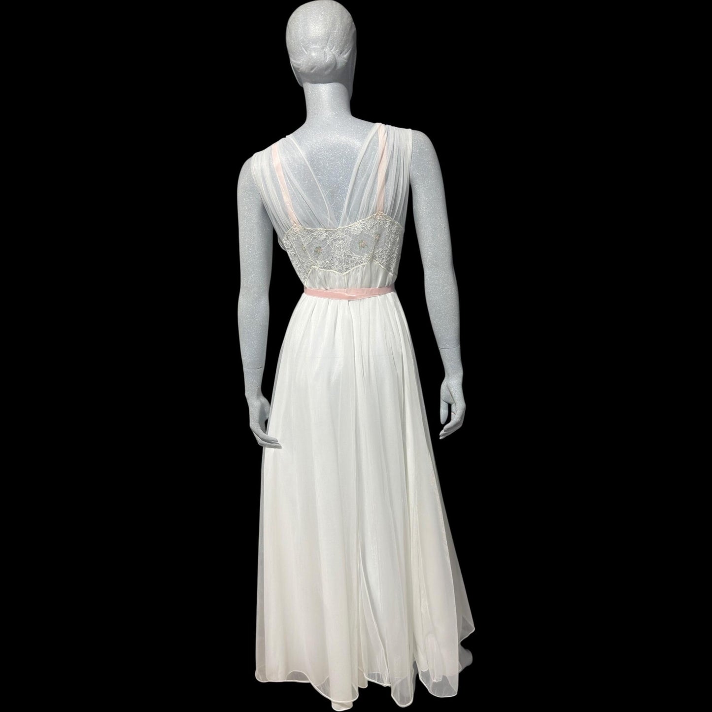 LAROS, Vintage 1940s nightgown slip dress, white double chiffon with pink embroidered flowers, wedding night dress