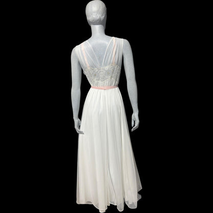LAROS, Vintage 1940s nightgown slip dress, white double chiffon with pink embroidered flowers, wedding night dress