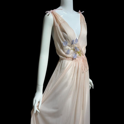 KICKERNICK Vintage 1940s Nightgown Slip dress: Sheer Pink Grecian Goddess gown with flowers