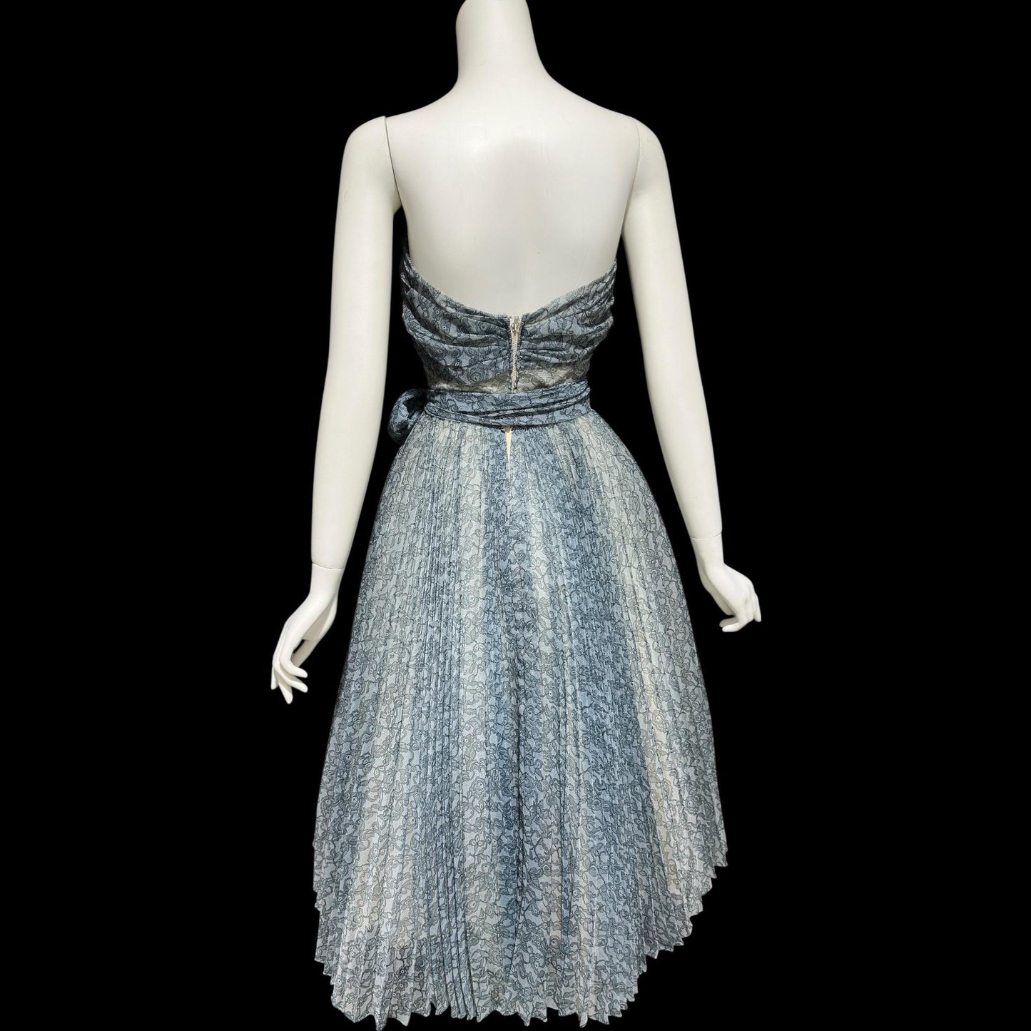 1950s vintage Pleated Party Dress: Slate Blue Grey floral strapless Cocktail Prom Dress